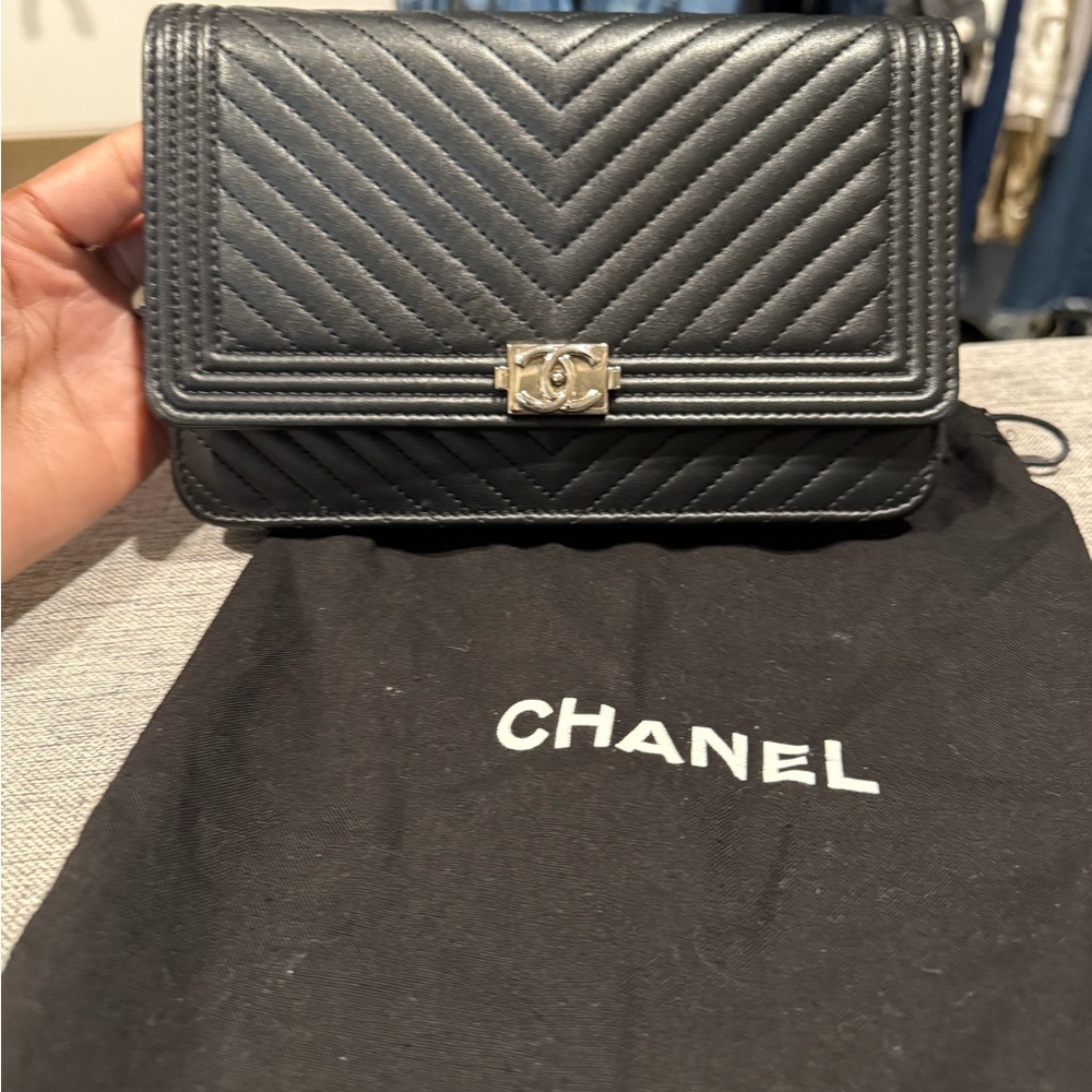 Authentic CHANEL Black Chevron Quilted Crossbody